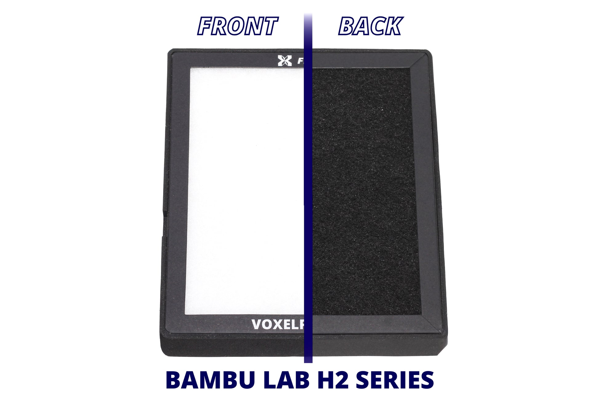 A black rectangular Voxel Bambu Lab H2 Series HEPA 13 and activated carbon filter with a split front and back view, labeled 'FRONT' on the left with a white insert and 'BACK' on the right with a textured black surface, on a white background.