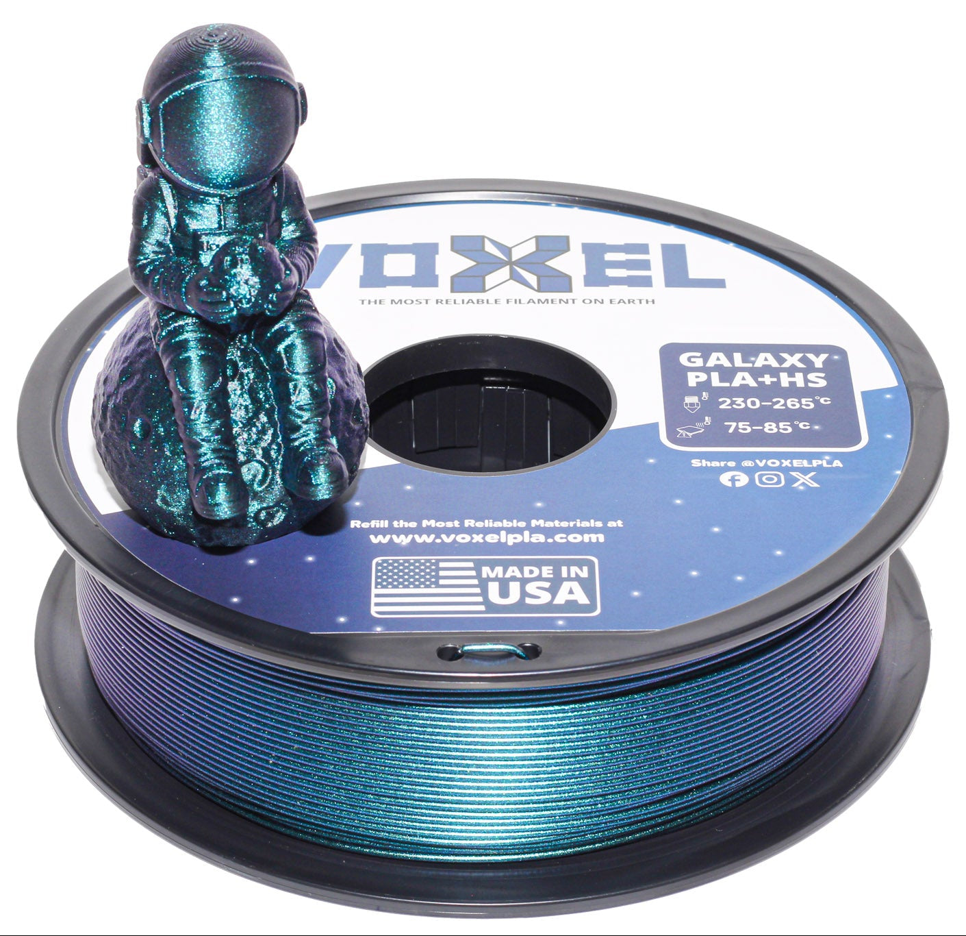 A spool of Voxel Galaxy PLA-Re 3D printer filament with a small figurine of an astronaut sitting on top, shown against a plain white background.