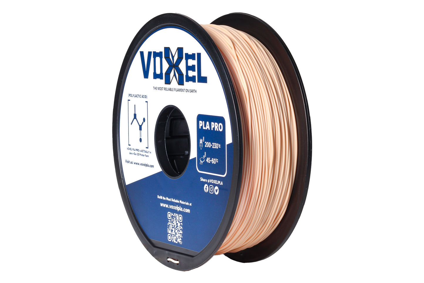 Spool of Voxel PLA Pro Champagne Beige color filament for 3d printer on a white background for bambu lab, snapmaker, creality, prusa