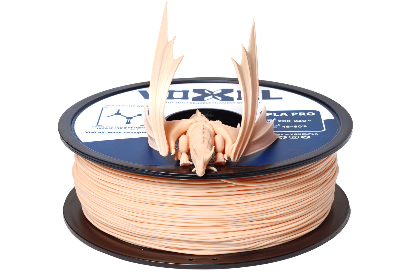 Spool of Voxel PLA Pro Champagne Beige color filament for 3d printer on a white background for bambu lab, snapmaker, creality, prusa