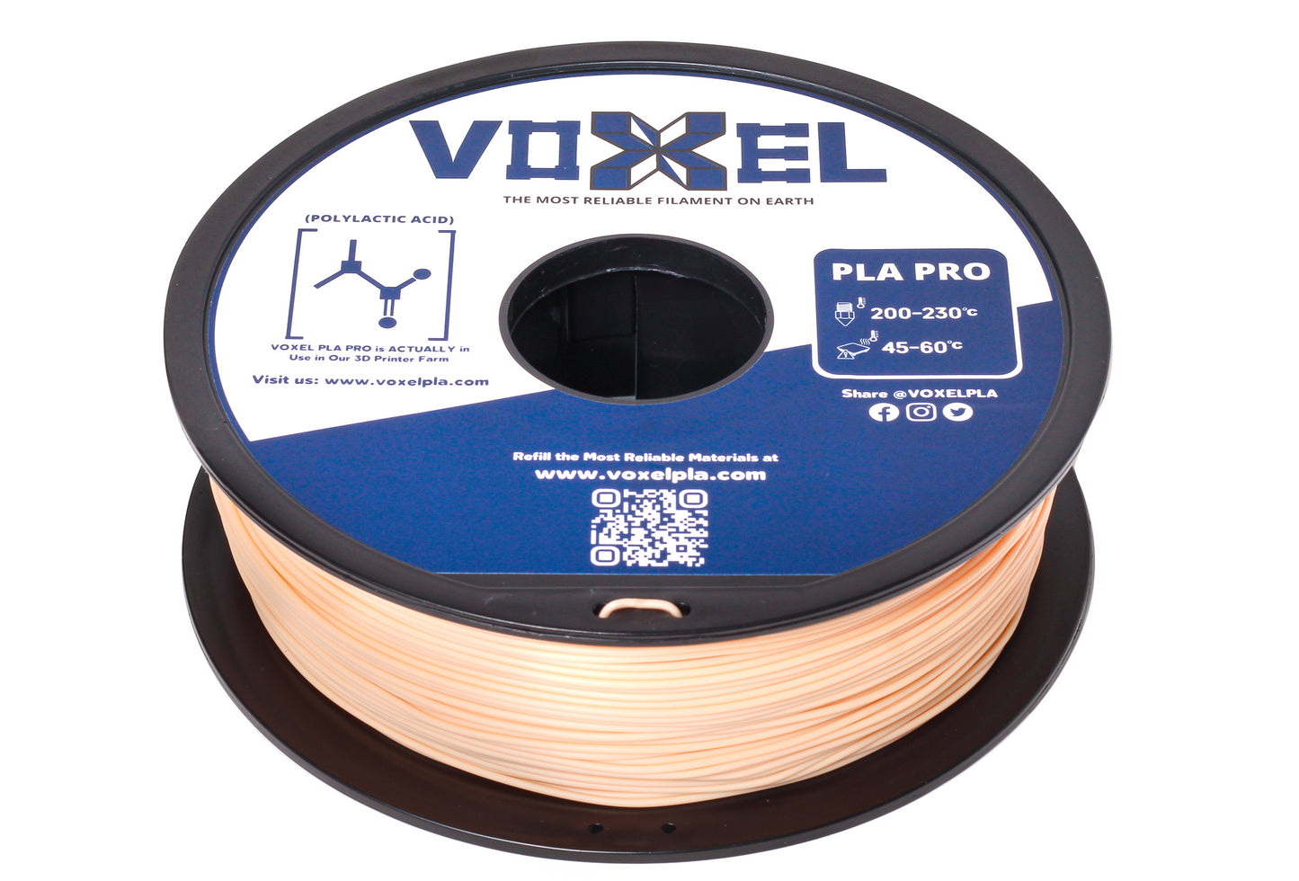 Spool of Voxel PLA Pro Champagne Beige color filament for 3d printer on a white background for bambu lab, snapmaker, creality, prusa
