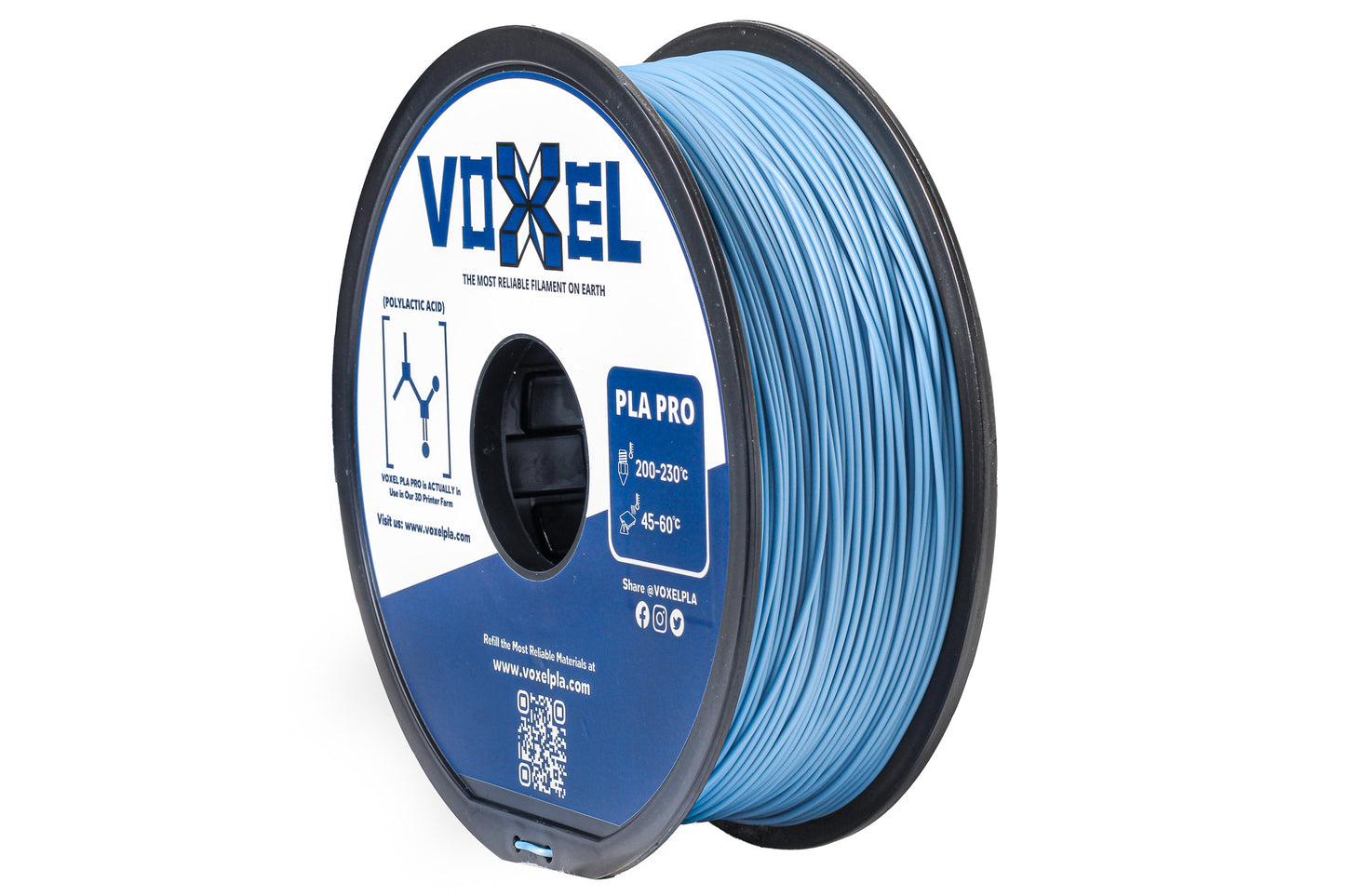Spool of VOXEL PLA PRO 3d printer filament 1.75mm Gunmetal Blue filament on a white background for bambu lab, snapmaker, creality, prusa