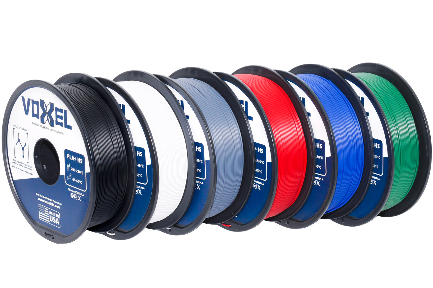 Voxel 3D printing PLA filament spools in black, white, red, blue, green, and grey colors on a white background. All filaments are made in the USA. It is a bulk bundle for PLA.