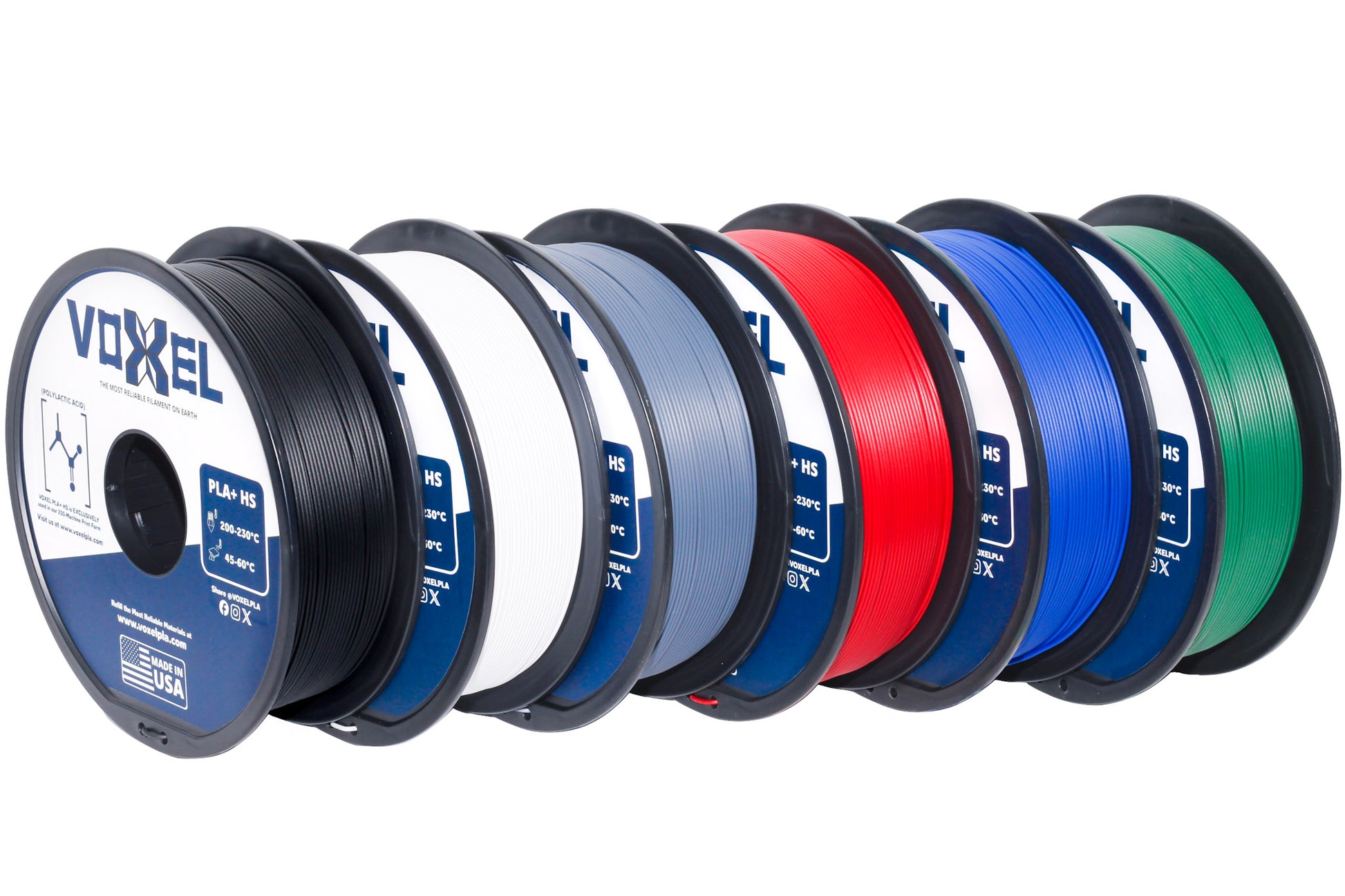 Voxel 3D printing PLA filament spools in black, white, red, blue, green, and grey colors on a white background. All filaments are made in the USA. It is a bulk bundle for PLA.